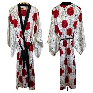 Couture by Cabernet Silk Satin Floral Kimono Long Robe Belted White/Red Medium
